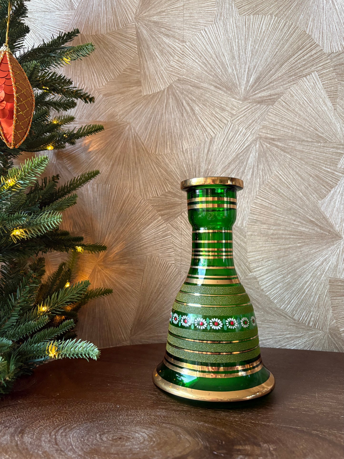 Vintage groene glazen kerst vaas - handbeschilderd