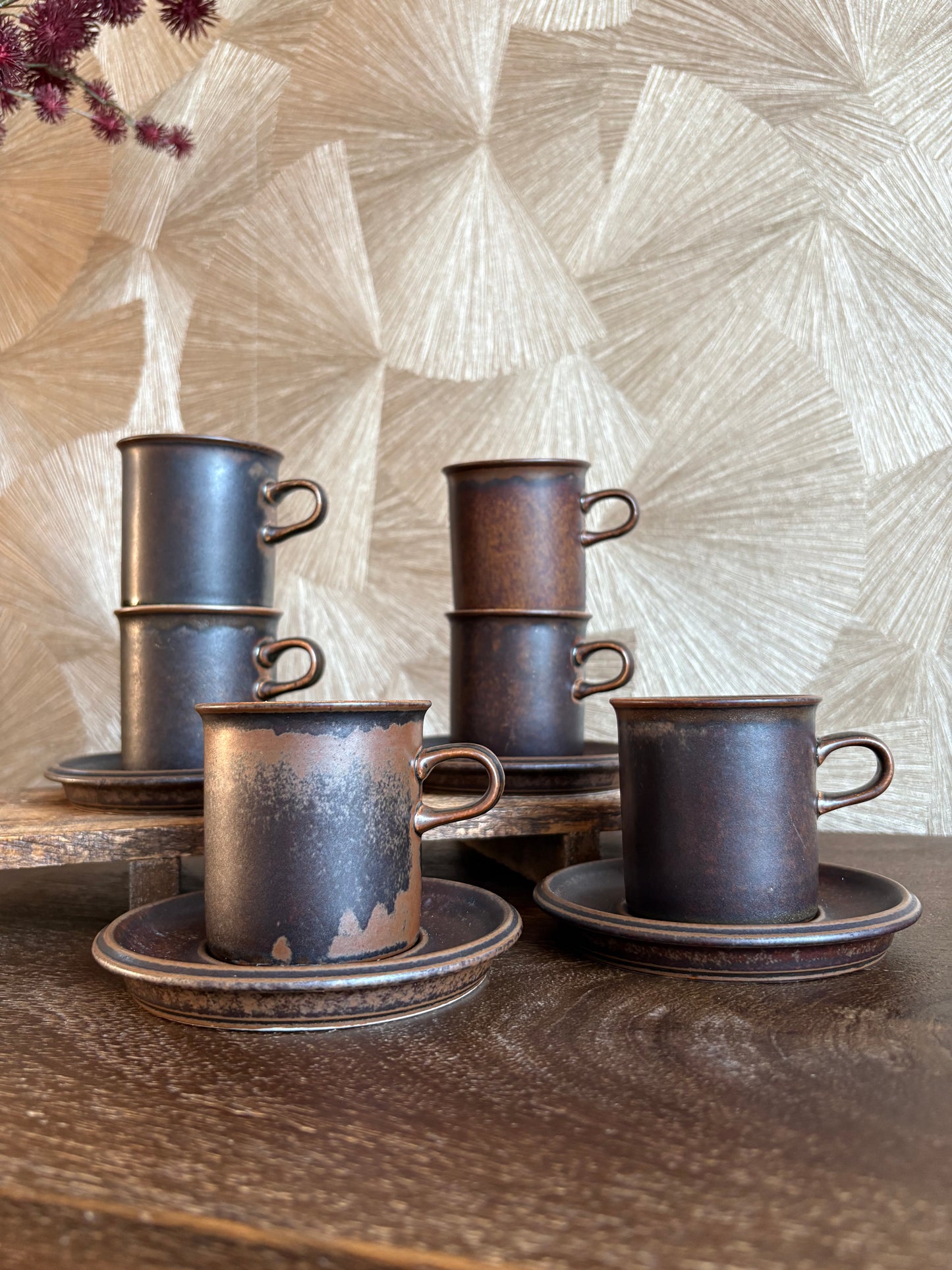 Vintage 70’s bruine kop en schotel | set van 6