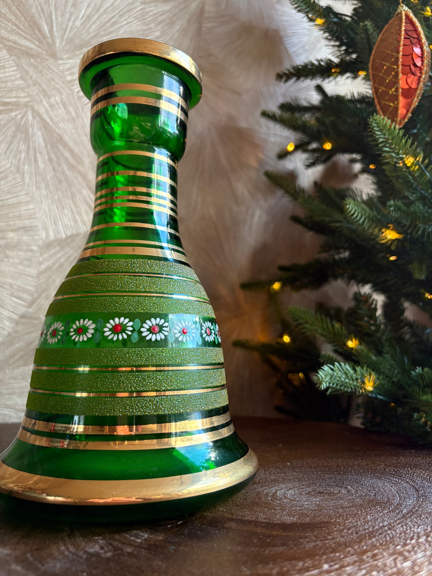 Vintage groene glazen kerst vaas - handbeschilderd