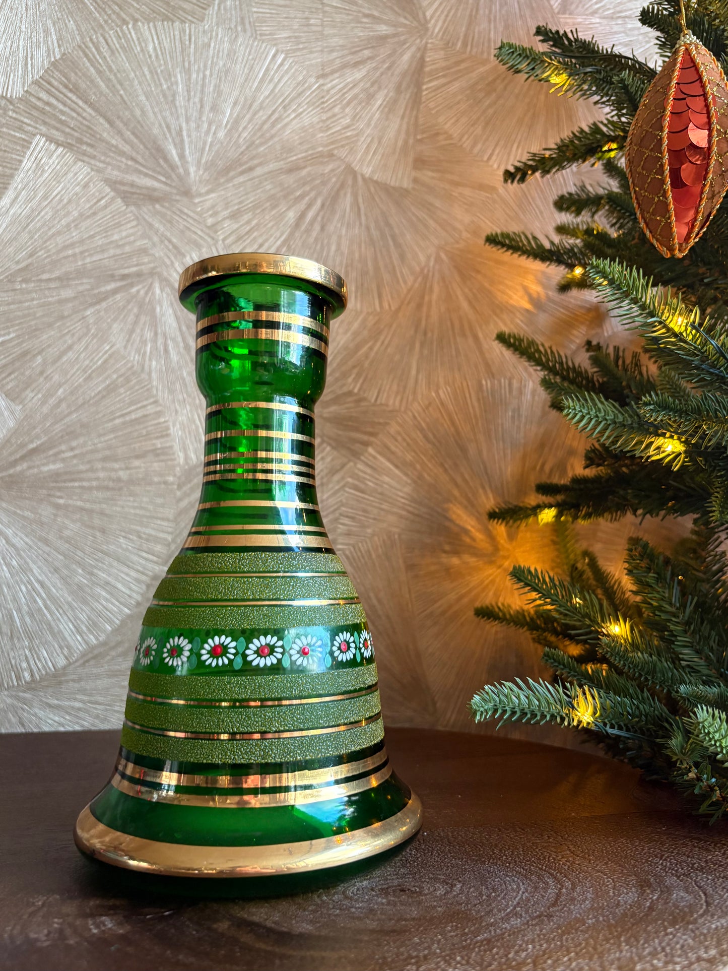 Vintage groene glazen kerst vaas - handbeschilderd
