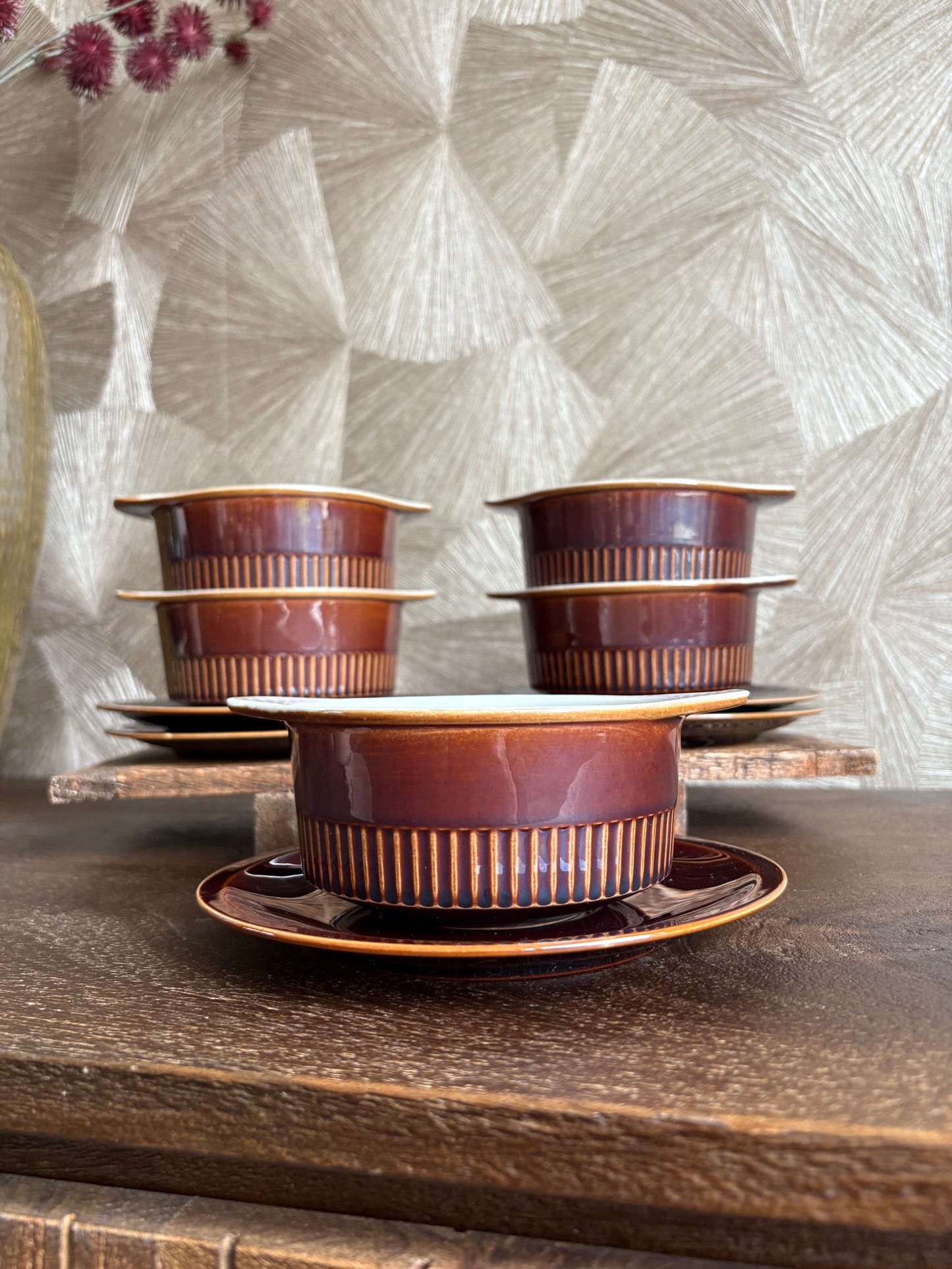 Vintage bruine kom en schotel | set van 5