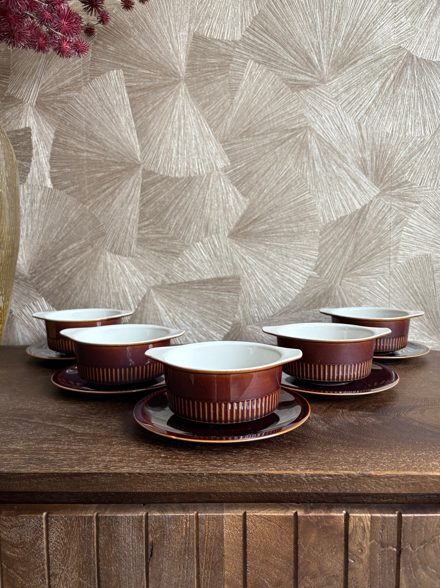 Vintage bruine kom en schotel | set van 5