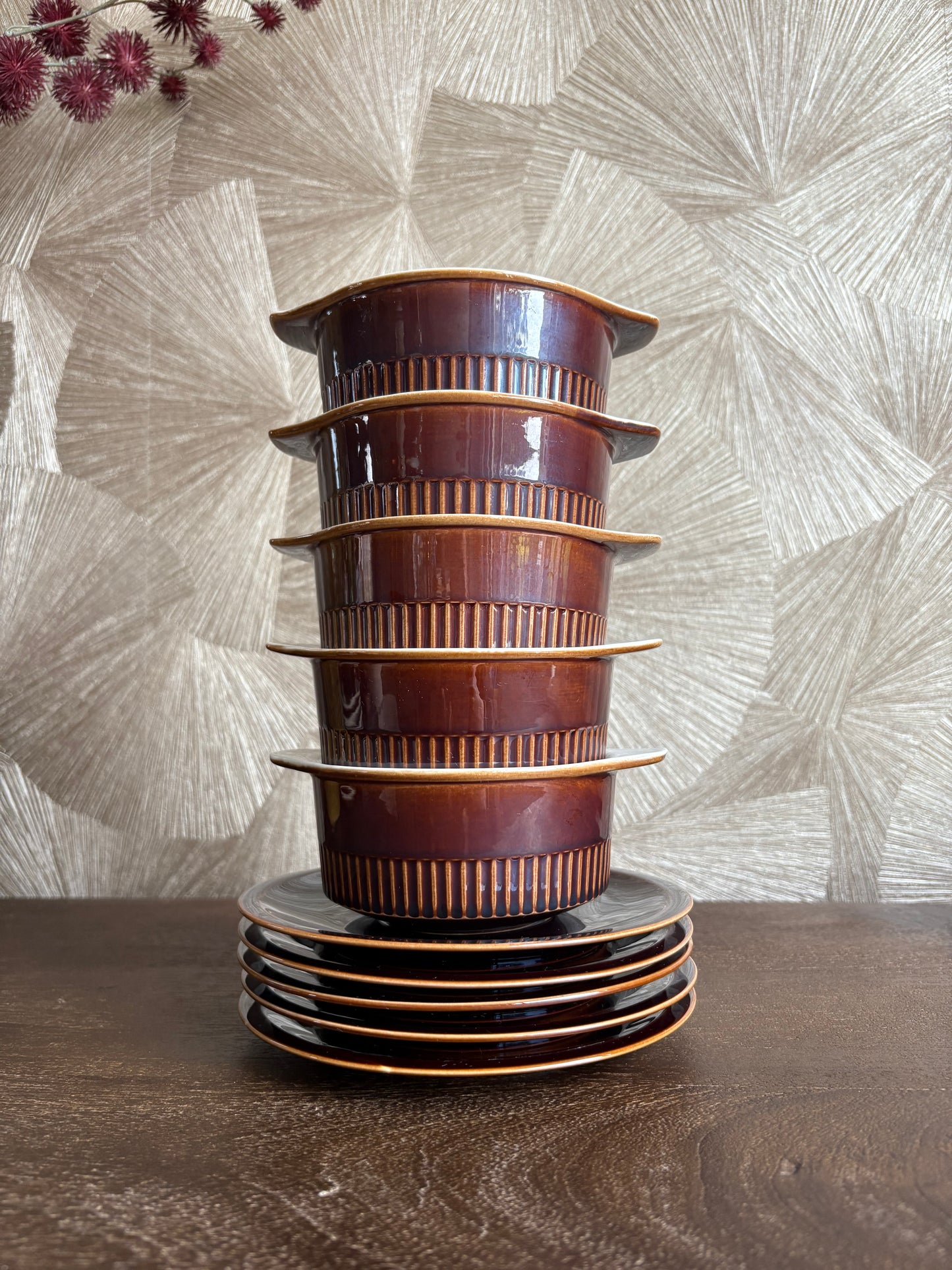 Vintage bruine kom en schotel | set van 5