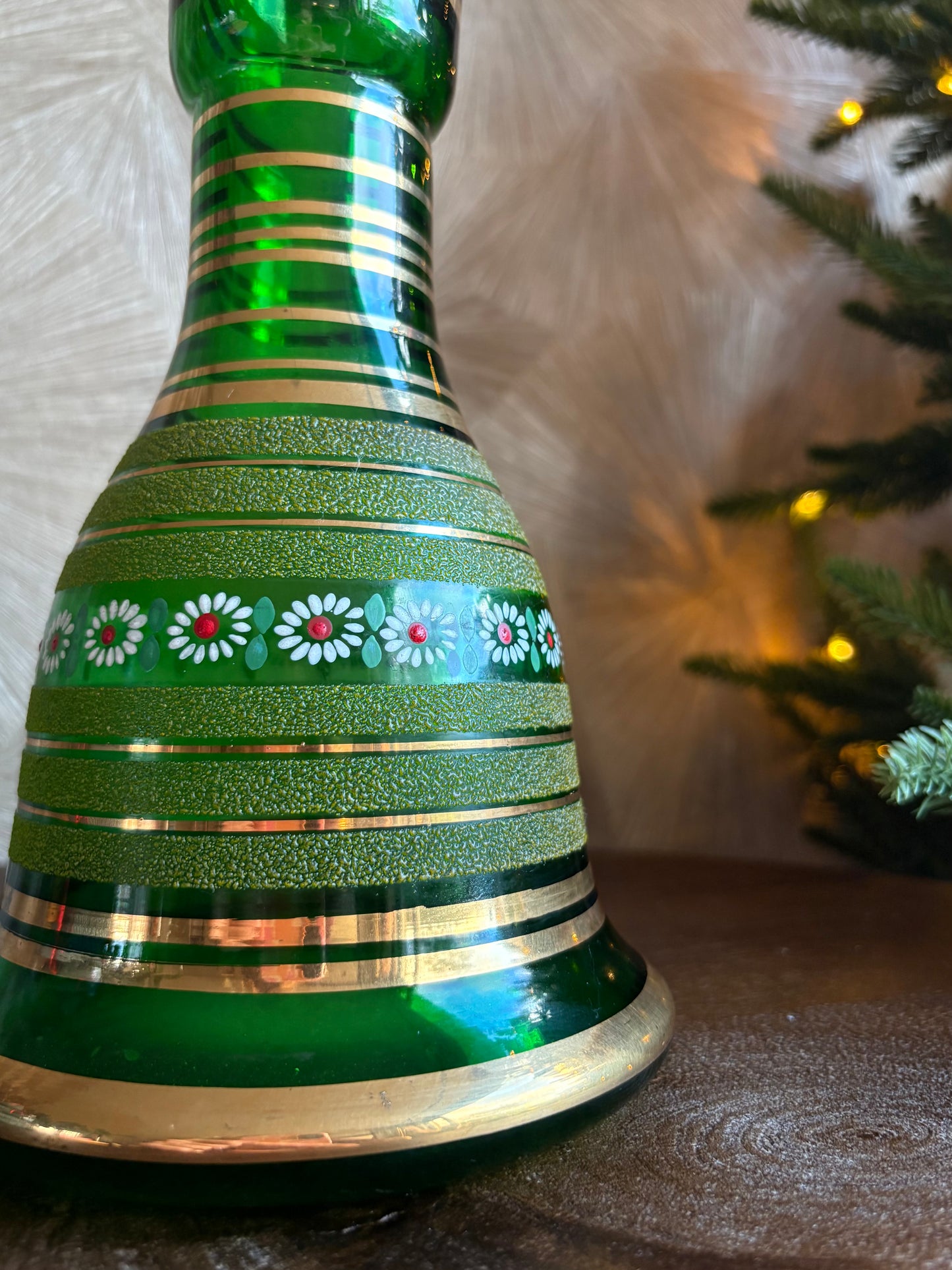 Vintage groene glazen kerst vaas - handbeschilderd