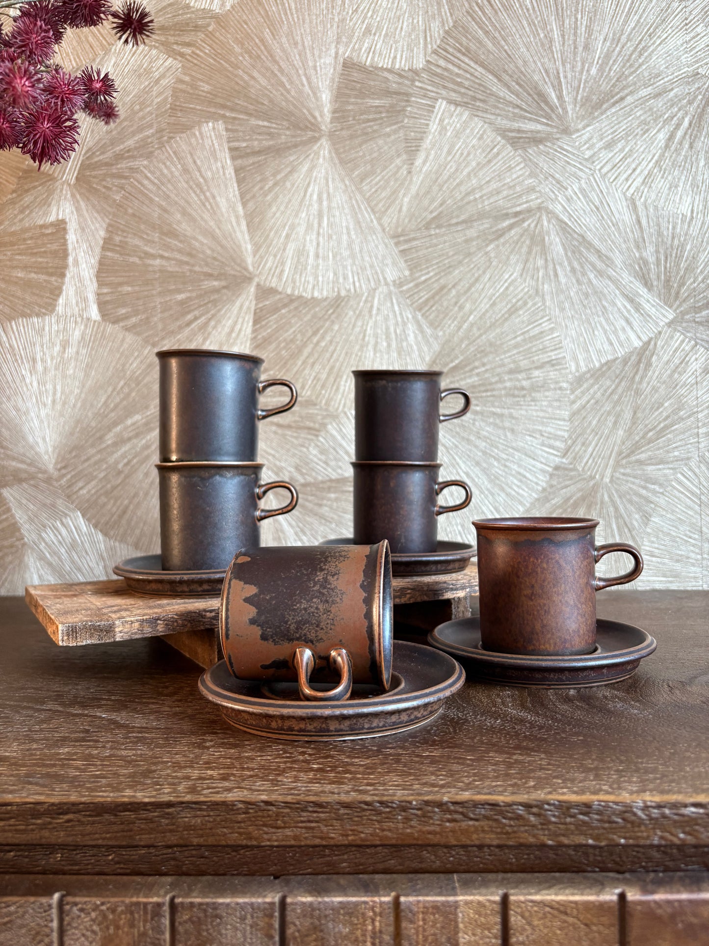 Vintage 70’s bruine kop en schotel | set van 6